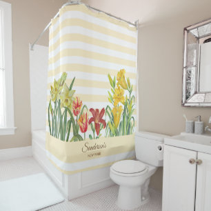 Rideaux De Douche Aquarelle Orange Fleur Jaune Baigre Beige