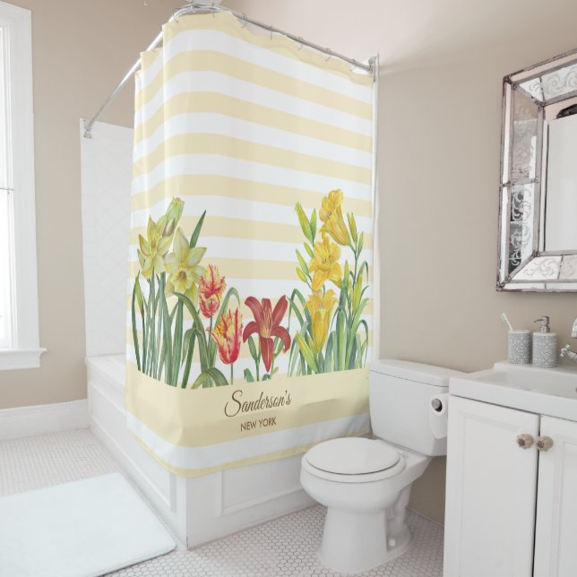Rideaux De Douche Aquarelle Orange Fleur Jaune Baigre Beige (En situation)