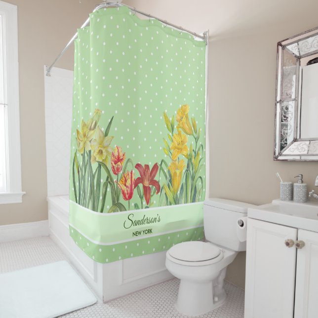 Rideaux De Douche Aquarelle Orange Fleur Jaune Vert Pois (En situation)