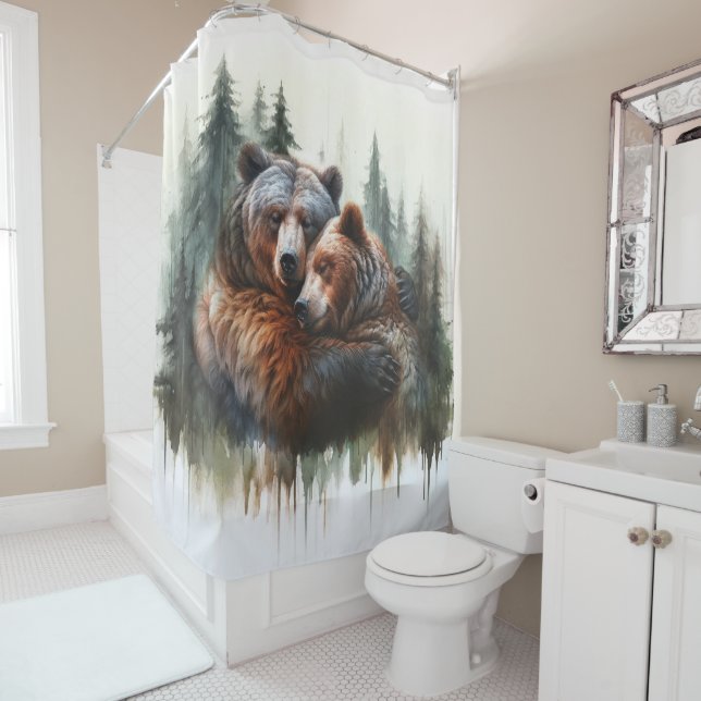 Rideaux De Douche Aquarelle Ours & Arbres Sauvage rustique (En situation)