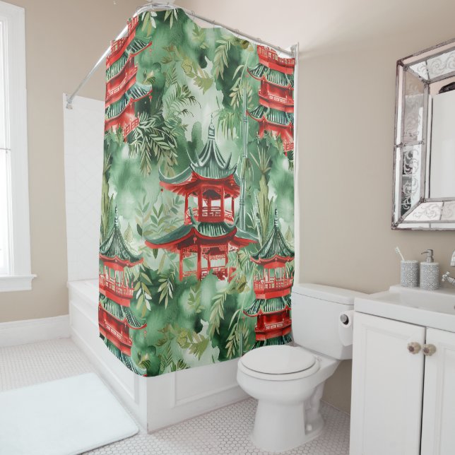 Rideaux De Douche Aquarelle Pagode asiatique dans paysage verdoyant  (En situation)