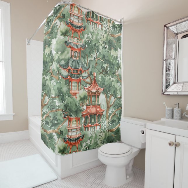 Rideaux De Douche Aquarelle Pagode asiatique dans paysage verdoyant  (En situation)