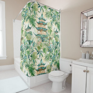 Rideaux De Douche Aquarelle Pagode asiatique dans paysage verdoyant