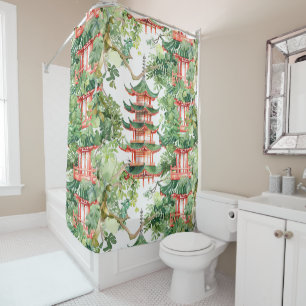 Rideaux De Douche Aquarelle Pagode asiatique dans paysage verdoyant