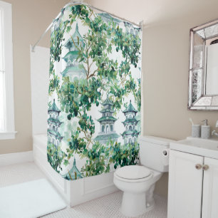 Rideaux De Douche Aquarelle Pagode asiatique dans paysage verdoyant