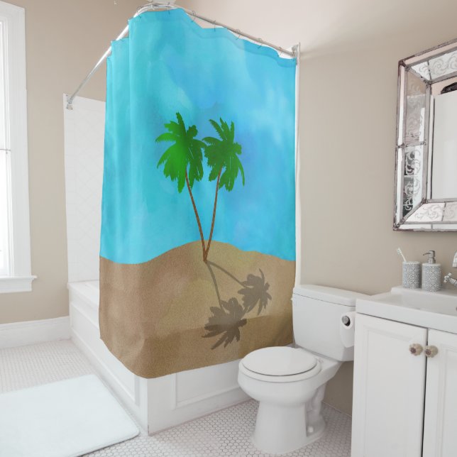 Rideaux De Douche Aquarelle Palm Tree Beach Scène Collage Douche Cu (En situation)