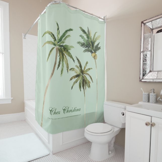 Rideaux De Douche Aquarelle Palm Trees Élégante Typographie Tropical (En situation)