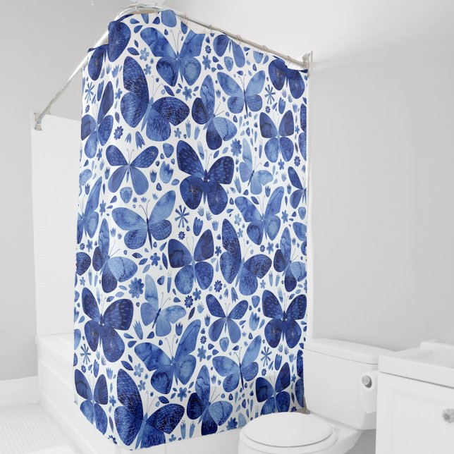 Rideaux De Douche Aquarelle papillon bleu (Blue and white watercolor butterfly pattern shower curtain)