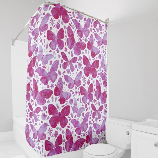 Rideaux De Douche Aquarelle papillon Magenta Rose (Hot magenta pink watercolor butterfly pattern shower curtain)