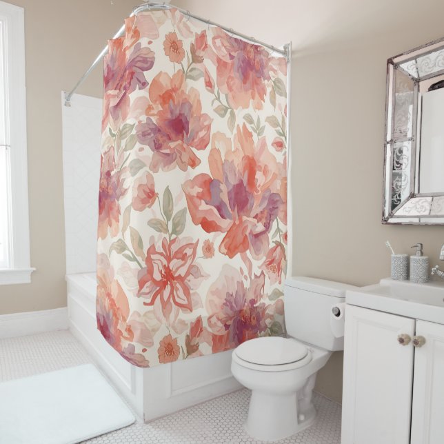 Rideaux De Douche Aquarelle Pastel Fleurs clair Orange (En situation)