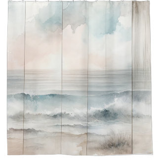 Rideaux De Douche Aquarelle Pastel Océan Rustique Bois Texture