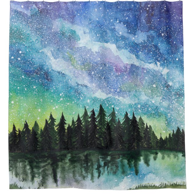 Rideaux De Douche Aquarelle paysage nocturne, Voie Lactée (Devant)
