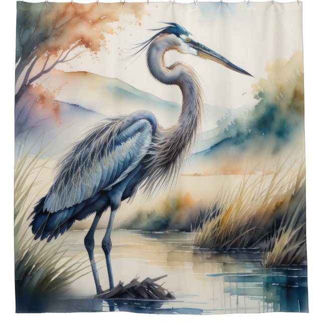 Rideaux De Douche Aquarelle Peinture de Grand Héron Bleu (Devant)