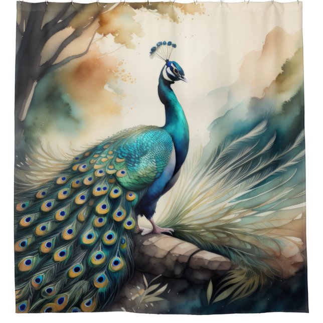 Rideaux De Douche Aquarelle Peinture de paon (Devant)