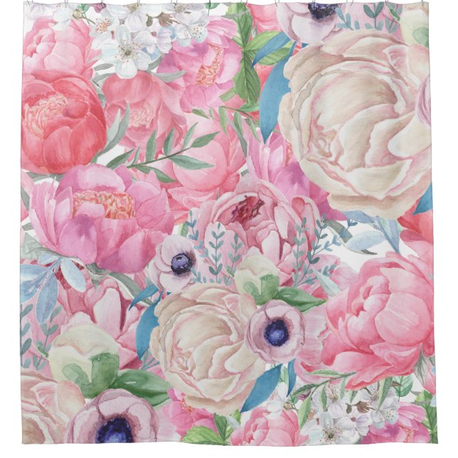 Rideaux De Douche Aquarelle Pics rose et bleu printemps (Devant)