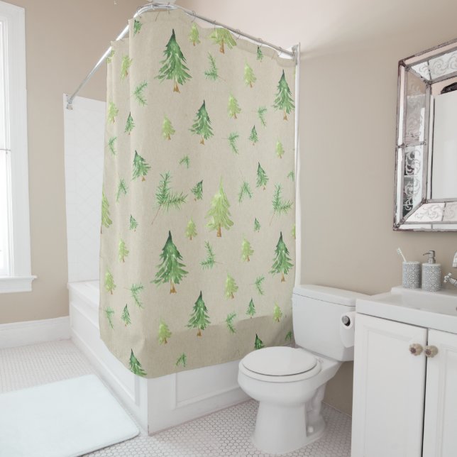 Rideaux De Douche Aquarelle Pine Arbres Kraft Brown Rustic Homey (En situation)