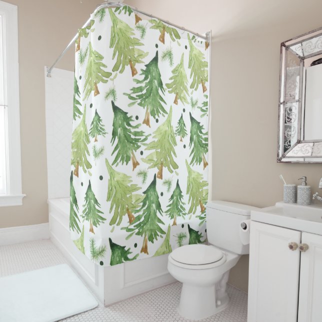 Rideaux De Douche Aquarelle Pine Arbres Moderne Rustique Monogramme  (En situation)