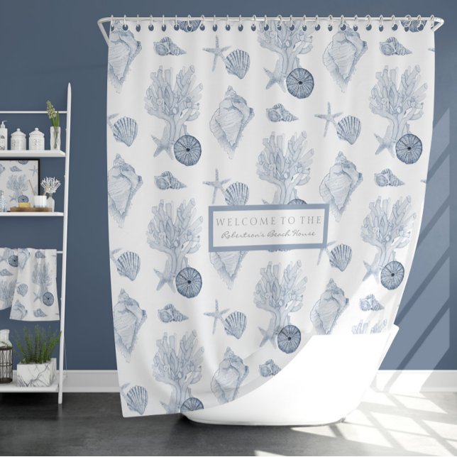 Rideaux De Douche Aquarelle Plage Océan Corail Starfish Bleu n Blanc (Créateur téléchargé)