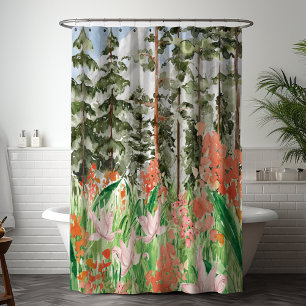 Rideaux De Douche Aquarelle Prairie Florale Corail Rose Sur Montagne