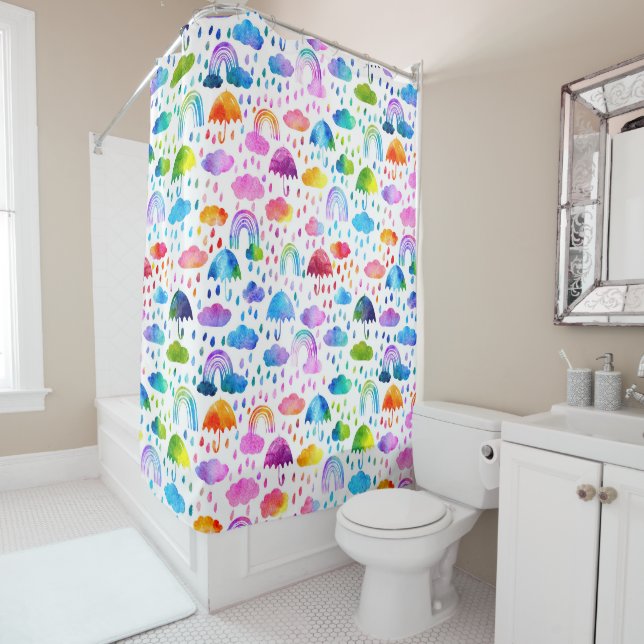 Rideaux De Douche Aquarelle Rainbow Umbrellas Rainy Day Girls (En situation)