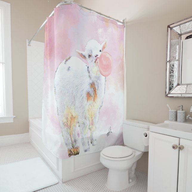 Rideaux De Douche Aquarelle rose adorable chèvre bébé avec Bubblegum (En situation)