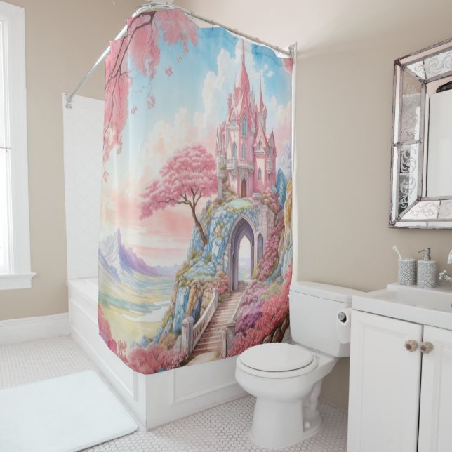 Rideaux De Douche Aquarelle rose bleu Imaginaire Château (En situation)
