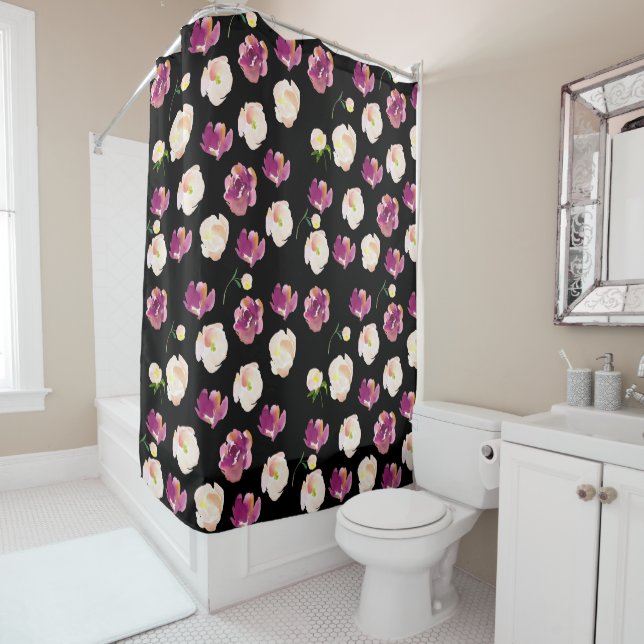 Rideaux De Douche Aquarelle rose bordeaux noire Florale (En situation)
