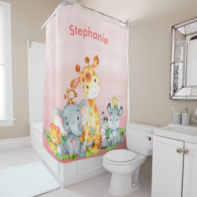 Rideaux De Douche Aquarelle rose Cute Safari Jungle Animaux (En situation)