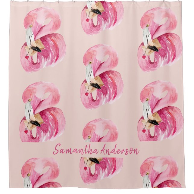 Rideaux De Douche Aquarelle rose exotique Flamingo Motif et nom (Devant)