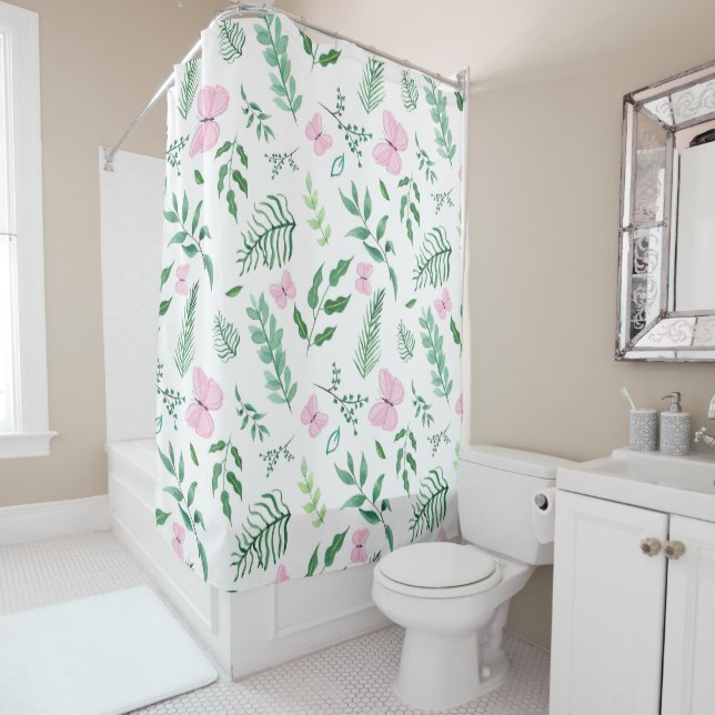 Rideaux De Douche Aquarelle rose papillon botanique (En situation)