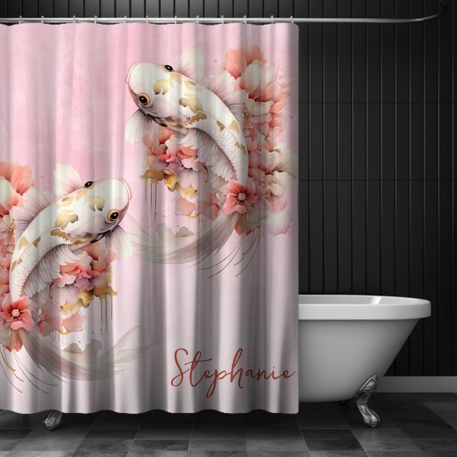 Rideaux De Douche Aquarelle rose personnalisée Or Koi Poisson Floral (Personalized Pink Watercolor Gold Koi Fish Floral Shower Curtain)