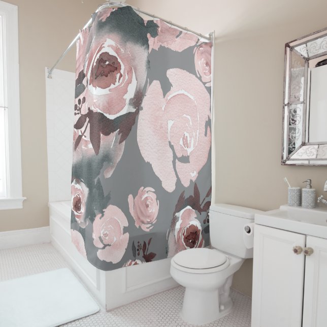Rideaux De Douche Aquarelle rose Rose Gris Charbon Floral (En situation)