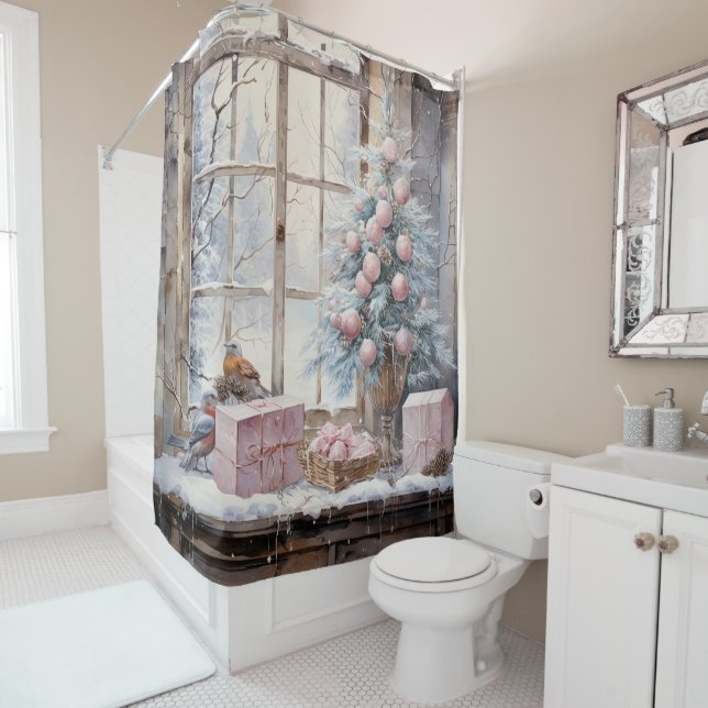 Rideaux De Douche Aquarelle rose Shabby Chic Noël (En situation)