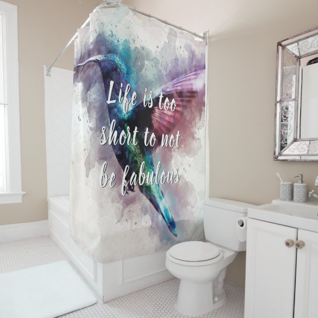 Rideaux De Douche Aquarelle rose, turquoise et violette Colibri (En situation)