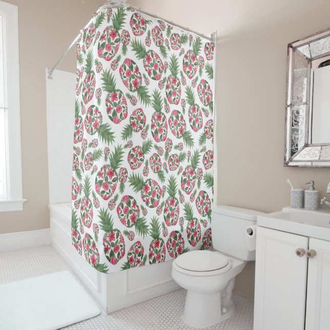 Rideaux De Douche Aquarelle rose vert Motif d'ananas Floral (En situation)