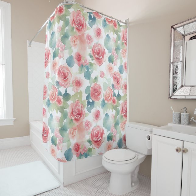 Rideaux De Douche Aquarelle Roses roses (En situation)