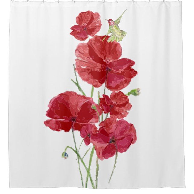 Rideaux De Douche Aquarelle Rouge Poppies Fleurs Oiseau de colibri (Devant)