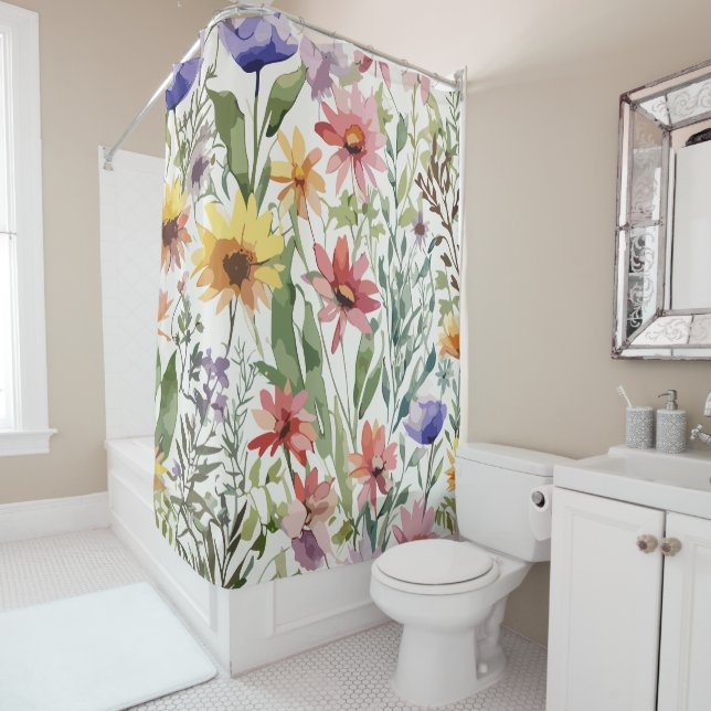 Rideaux De Douche Aquarelle Russe Fleur sauvage Thème (En situation)