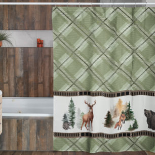 Rideaux De Douche Aquarelle Rustique Plaid Bois Cabine animal