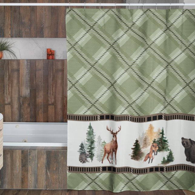 Rideaux De Douche Aquarelle Rustique Plaid Bois Cabine animal (Créateur téléchargé)