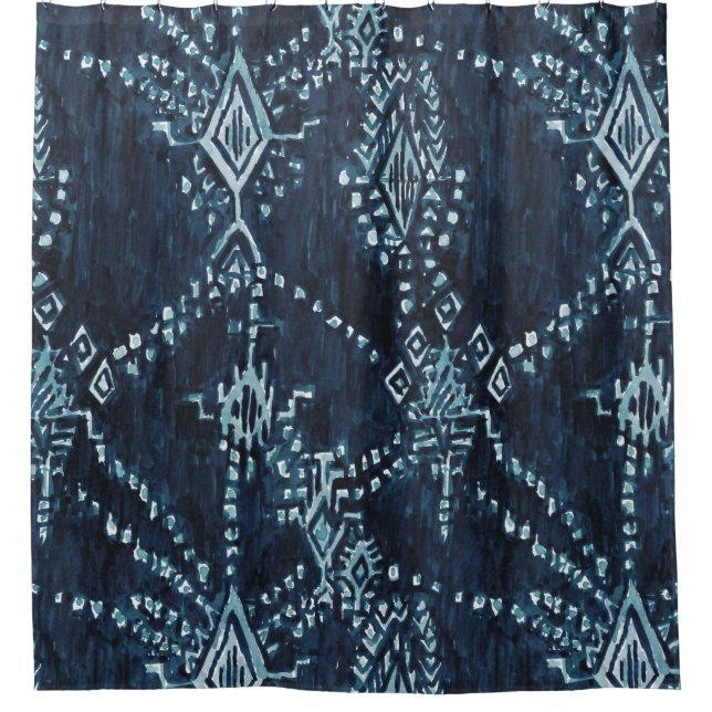 Rideaux De Douche Aquarelle satellite de tribal d'Ikat d'indigo (Devant)