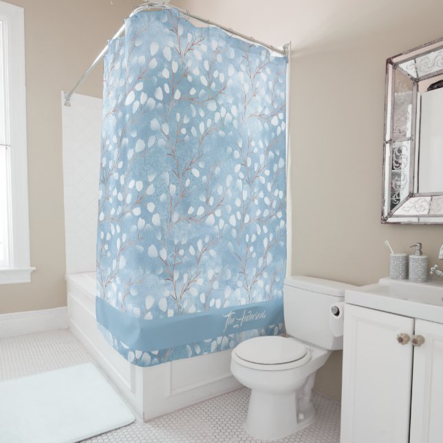 Rideaux De Douche Aquarelle Snowdrops Motif Dusty Blue ID726 (En situation)
