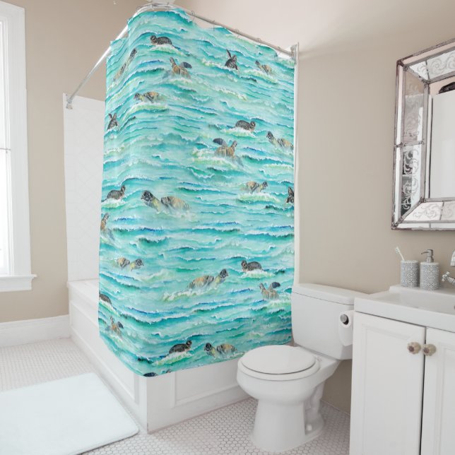 Rideaux De Douche Aquarelle Tortues de mer Natation Océan Turquoise (En situation)