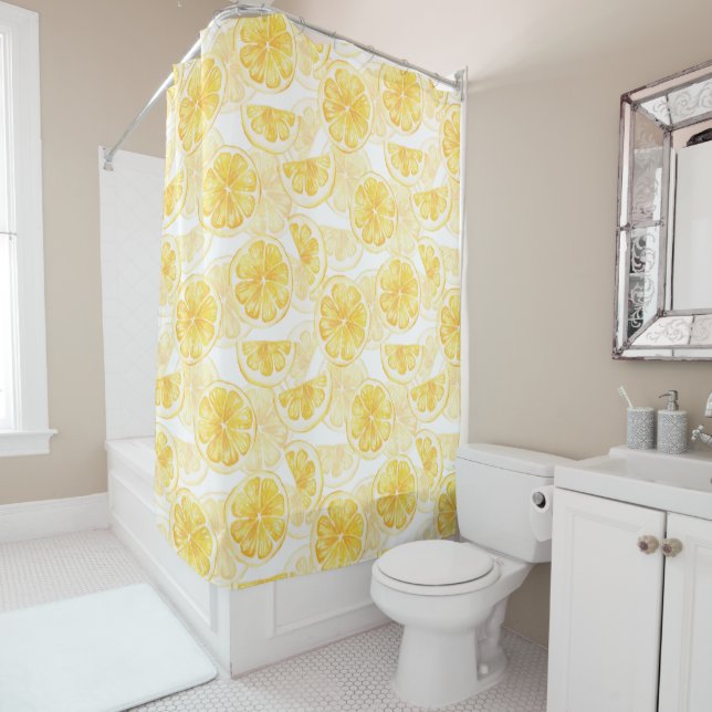 Rideaux De Douche Aquarelle transparente motif avec tranche citron / (En situation)