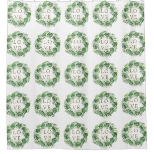 Rideaux De Douche Aquarelle tropicale Feuilles Wreath LOVE Script