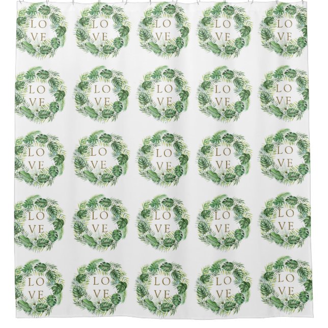 Rideaux De Douche Aquarelle tropicale Feuilles Wreath LOVE Script (Devant)