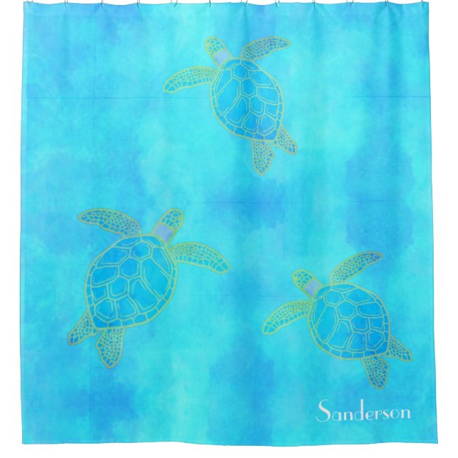 Rideaux De Douche Aquarelle tropicale Tortue côtière Aqua Blue (Devant)