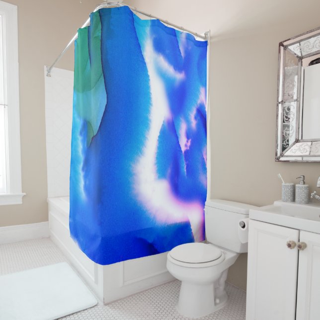 Rideaux De Douche Aquarelle Turquoise et bleue (En situation)