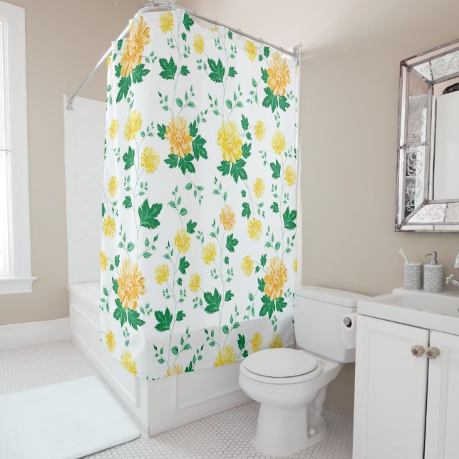 Rideaux De Douche Aquarelle vert jaune moderne Floral (En situation)