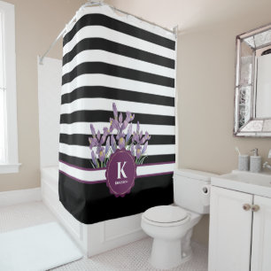 Rideaux De Douche Aquarelle violet Iris noir blanc Motif